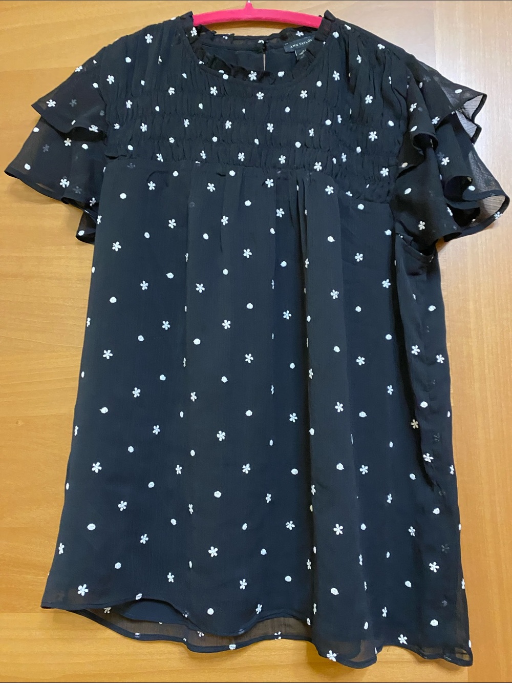 Ann Taylor Black Flutter Sleeve Blouse with White Dot & Floral Print